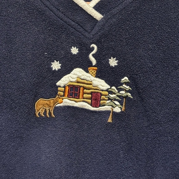 Cabin embroidered fleece sweater navy V-neck size L seasonal holiday - Picture 4 of 6